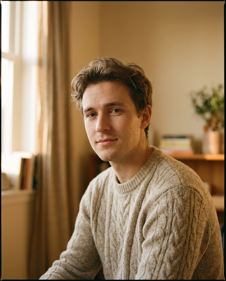 A young man in a brown long-sleeve sweater reading a book — cozy, tender, attentive presence